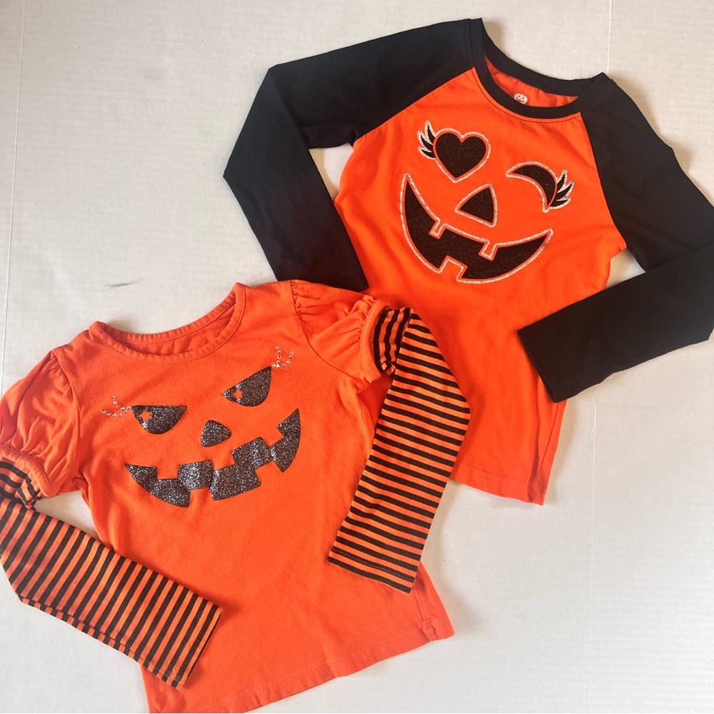 Bundle / Lot of 2 Halloween Tops Girls Sz 6/6X Jack-o-Lantern Pumpkin Faces